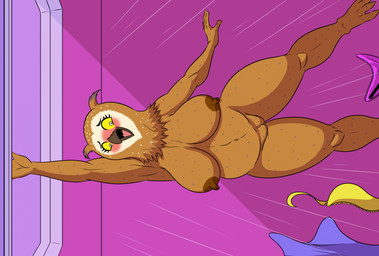 anthro areola beak big_breasts blush bra breasts brown_body brown_feathers clitoral_hood clothing embarrassed feathers female genitals nipples non-mammal_breasts nude open_beak open_mouth panties solo underwear undressed vulva yellow_eyes denlusty bojack_horseman netflix wanda_pierce avian bird owl digital_media_(artwork) hi_res