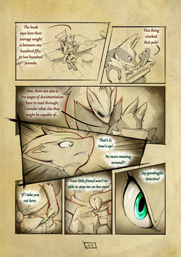 anthro arm_tattoo biped blue_eyes book chest_spike claws dialogue duo eyelashes female fur green_eyes hair inside male page_number pouch_(clothing) red_eyes red_tattoo spikes spikes_(anatomy) tattoo text vial truescorn nintendo pokemon pokemon_mystery_dungeon spike_chunsoft asche_(truescorn) clarity_(truescorn) generation_4_pokemon generation_5_pokemon lucario pokemon_(species) zoroark 2026 absurd_res colored comic english_text hi_res huge_filesize