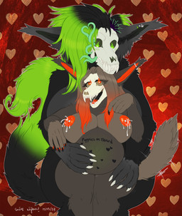 anthro areola biped black_body black_fur blush bodily_fluids body_writing bone breasts brown_body brown_fur duo ear_piercing female flower fur glowing glowing_eyes green_eyes green_hair hair hand_on_belly happy heart_eyes heart_symbol intersex intersex/female lactating leg_grab milk navel nipple_piercing nipples nude piercing plant pregnant pregnant_female red_eyes red_hair simple_background skull skull_head tail tail_motion tailwag tentacles thigh_grab tongue tongue_piercing vine_tentacles neifaren nadilya_(heliocintrini) valerie_(sigmagic) canid canine canis mammal monster skulldog_(species) bad_metadata colored hi_res md5_mismatch