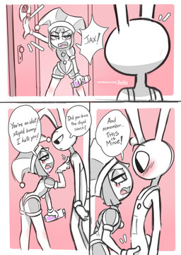 angry blush blush_lines clothing dominant dominant_female door door_slam drugged drunk duo eye_contact female fool's_hat genitals gesture gloves half-closed_eyes hand_gesture handwear hat headgear headwear jester larger_male looking_at_another looking_down male male/female narrowed_eyes overalls penis pointing pointing_at_another rabbit_ears sauce screaming scut_tail short_female short_tail size_difference speech_bubble substance_intoxication surprised tail text tired tired_eyes touching_chest touching_crotch touching_penis unusual_eyes jizoku glitch_productions the_amazing_digital_circus jax_(tadc) pomni_(tadc) humanoid lagomorph leporid mammal absurd_res comic english_text hi_res