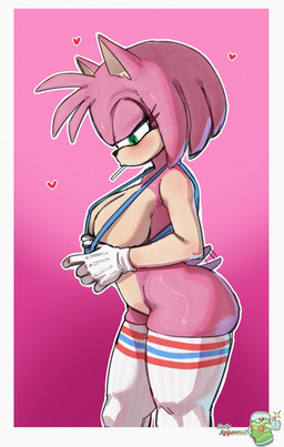 anthro blush breasts candy clothing clothing_pull dessert female food fur green_eyes legwear lollipop narrowed_eyes pink_background pink_body pink_fur shirt shirt_pull side_view simple_background solo tail tail_motion tailwag tan_body tan_skin thigh_highs topwear topwear_pull burnt_lewds sega sonic_the_hedgehog_(series) amy_rose eulipotyphlan hedgehog mammal hi_res