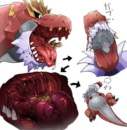 3_toes ambiguous_gender belly biped black_claws black_sclera bodily_fluids breath brown_body brown_fur claws contextual_arrow directional_arrow drooling duo extreme_size_difference falling fangs feet feral front_view fur in_mouth lying markings mouth_shot on_back open_mouth oral_vore paws quadruped red_body red_scales saliva saliva_on_tongue saliva_string scales sequential_arrow sharp_teeth side_view simple_background size_difference soft_vore solo_focus standing swallowing tan_body tan_fur tears teeth text toes tongue tongue_out vore wet white_background white_body white_skin hiore nintendo pokemon dinosaur eevee fossil_pokemon generation_1_pokemon generation_6_pokemon pokemon_(species) prehistoric_species reptile scalie tyrantrum 2019 absurd_res digital_drawing_(artwork) digital_media_(artwork) hi_res japanese_text multiple_scenes
