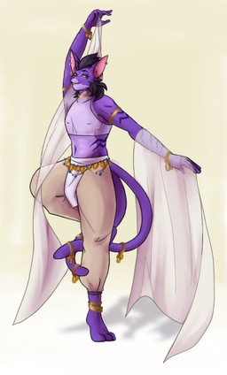 2_tails 4_toes 5_fingers anthro arms_out bent_legs black_hair bottomwear bracelet clothed clothing collar crop_top dancing ear_piercing feet fingers fur fur_markings gold_(metal) gold_jewelry hair hand_over_head harem harem_clothing harem_jewelry jewelry leg_bracelet loincloth looking_at_viewer male markings multi_tail navel nipples on_one_leg open_mouth pants paws piercing pink_nose purple_body purple_fur ring_piercing shadow shirt simple_background sleeveless_shirt smile smirk solo standing tail teeth toes topwear translucent translucent_clothing translucent_shirt translucent_topwear yellow_eyes yellow_sclera nimzag cyril_(bacon3600) domestic_cat felid feline felis mammal digital_media_(artwork) hi_res watermark