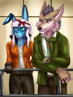 5_fingers anthro belt belt_buckle black_bottomwear black_claws black_clothing black_eyewear black_glasses black_gloves black_handwear black_nose black_pants bottomwear breasts brown_belt brown_bottomwear brown_clothing brown_eyes brown_pants buckle buckteeth claws clothed clothing cosplay duo eyebrows eyewear fangs female female_anthro finger_claws fingers frown fur glasses gloves green_clothing green_suit grey_eyebrows hair handwear holding_railing inner_ear_fluff jacket larger_anthro larger_male leaning_on_railing light long_ears male male_anthro multicolored_body multicolored_fur neck_tuft open_clothing open_frown open_jacket open_mouth open_suit open_topwear orange_clothing orange_jacket orange_topwear pants ponytail railing red_bow round_glasses shirt short_hair size_difference smaller_anthro smaller_female suit tan_body tan_clothing tan_fur tan_shirt tan_topwear teal_eyes teeth topwear tuft wall_(structure) whisker_spots white_clothing white_hair white_inner_ear_fluff white_shirt white_topwear sylvertears disco_elysium duff_(farlow) harrier_du_bois kim_kitsuragi canid canine canis jackal lagomorph leporid mammal rabbit 2026 colored digital_drawing_(artwork) digital_media_(artwork) english_description hi_res lighting shaded