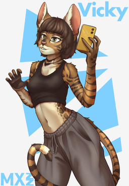 anthro bottomwear brown_body cellphone claws clothing crop_top electronics female green_eyes hair inner_ear_fluff markings pants phone pose selfie shirt short_hair smartphone solo standing striped_body striped_markings stripes sweatpants tail tail_motion topwear tuft vicky_(maxizz) maxizz bengal_cat domestic_cat felid feline felis mammal absurd_res hi_res
