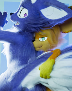 ambiguous_gender anthro detailed_background duo embarrassed fur green_eyes holding_tail holding_tail_up horn looking_at_another looking_at_viewer orange_body orange_fur paws purple_body purple_eyes purple_fur raised_tail smile tail teeth white_body white_fur yellow_body yellow_fur anduke bailey_(anduke) doodle_the_rabbit canid canine canis domestic_dog herding_dog hybrid lagomorph leporid mammal pastoral_dog rabbit welsh_corgi 3d_(artwork) digital_media_(artwork) hi_res