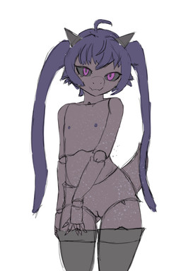 anthro areola ball_jointed_doll ball_joints bangs biped black_sclera clothing dark_body dark_skin doll doll_joints eyebrows fangs female flat_chested freckles genitals hair horn legwear nipples purple_eyes purple_hair snout solo standing tail teeth thigh_highs twintails_(hairstyle) vulva conditional_dnp e10109 xo_(e10109) animate_inanimate kobold living_doll scalie 2:3 absurd_res hi_res sketch