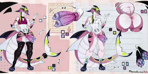 2_penises anthro anus backsack balls butt clothing ear_piercing femboy food fruit genitals gold_(metal) horn knot knotted_penis latex latex_clothing legwear male multi_genitalia multi_penis multicolored_body nude paws penis piercing pink_balls pink_body plant pose solo stripes tattoo thigh_highs topwear white_body massshinka mythology aquatic dragon fish hybrid mythological_creature mythological_scalie scalie shark absurd_res hi_res model_sheet pinup signature nonbinary_(lore)
