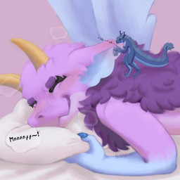 2_horns anthro antlers back_wings bed black_sclera blue_body blue_ears blue_mane blue_paws blue_wings blush blush_lines cloud_emanata dewlap_(anatomy) duo ear_rub emanata extreme_size_difference eyebrows eyelashes eyes_closed feathered_wings feathers female fluffy fluffy_ears fur furniture gripping_pillow horn larger_female lying lying_on_bed macro macro_anthro male male/female mane micro micro_anthro moan motion_lines multicolored_body multicolored_fur nude on_bed on_front onomatopoeia orange_eyes petting pillow pillow_grab pink_body pink_fur pointy_ears prick_ears purple_body purple_fur romantic romantic_couple rubbing size_difference smaller_male smile smiling_at_another smiling_at_partner sound_effects standing_on_another standing_on_partner tail tail_mane tapering_tail text two_tone_body wings yellow_eyes yellow_horn naku_ri mythology drak_(digitalscales) petal_(dapperhedgehog) dragon eastern_dragon fairy_dragon furred_dragon furred_scalie lizard mythological_creature mythological_scalie reptile scalie winged_dragon wingless_dragon 1:1 absurd_res english_text hi_res