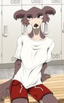 anthro bottomwear brown_body brown_fur clothed clothing female fur locker_room looking_away red_bottomwear red_clothing red_shorts shirt shorts sitting skinny skinny_female solo t-shirt topwear white_clothing white_shirt white_topwear seryfoxx beastars juno_(beastars) canid canine canis mammal wolf 2020 digital_media_(artwork) hi_res portrait three-quarter_portrait