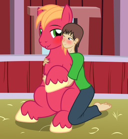 barn blonde_hair blue_eyes blush brown_hair duo feral green_eyes hair hug inside kneeling love male badumsquish friendship_is_magic hasbro my_little_pony anon big_macintosh_(mlp) generic_messy_hair_anime_anon earth_pony equid equine horse human mammal pony 2015 absurd_res hi_res