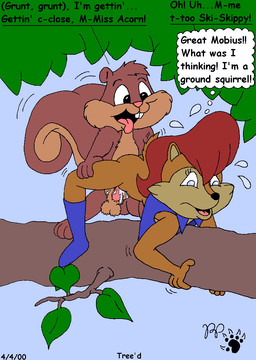 age_difference ambiguous_penetration anthro ass_up balls black_nose blue_eyes bodily_fluids bottomless bottomless_female buckteeth clothed clothing dialogue duo female female_penetrated fluffy fluffy_tail flying_sweatdrops genitals hair male male/female male_penetrating male_penetrating_female nude_male older_female older_penetrated penetration pink_nose plant red_hair scut_tail sex short_tail sweat sweatdrop tail teeth text tongue tongue_out tree young young_male younger_male kthanid_(artist) animaniacs sega sonic_the_hedgehog_(series) warner_brothers sally_acorn skippy_squirrel chipmunk ground_squirrel mammal rodent sciurid tree_squirrel 2000 english_text