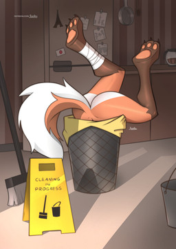 anthro appliance bottomless broom bucket butt cleaning_tool clothed clothing coat container female fridge inside_trash_can kitchen_appliance raincoat raincoat_only solo stuck text topwear trash_can wet_floor_sign jizoku mythology fan_character sol_(jizoku) canid canid_demon canine demon hellhound mammal mythological_canine mythological_creature 2025 absurd_res hi_res url