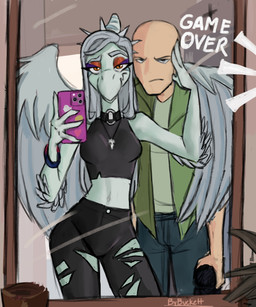 annoyed anthro bald biped black_bottomwear black_clothing black_crop_top black_pants black_shirt black_topwear bone bottomwear breasts canon_couple cellphone clothed clothed_anthro clothed_female clothed_human clothed_male clothing crop_top denim denim_bottomwear denim_clothing duo elbow_feathers electronics eyeshadow feathered_wings feathers female fingers frown game_over gameplay_mechanics green_clothing green_jacket green_shirt green_topwear grey_body grey_feathers grey_hair hair half-closed_eyes hand_on_face holding_cellphone holding_object holding_phone holding_smartphone human_on_anthro humanoid_hands interspecies interspecies_romance jacket jeans jewelry long_hair looking_at_viewer makeup male male/female medium_breasts midriff mirror narrowed_eyes navel necklace non-mammal_breasts open_clothing open_jacket open_topwear orange_eyes pants phone pose romantic romantic_couple shirt skull small_waist smartphone smile smug standing text topwear torn_bottomwear torn_clothing torn_pants wide_hips wings bybuckett cavemanon_studios goodbye_volcano_high ko_op_(game_developer) snoot_game anon_(snoot_game) fang_(gvh) human mammal prehistoric_species pterosaur reptile scalie 2024 absurd_res artist_name colored english_text hi_res