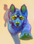 4_toes ambiguous_gender blue_body blue_fur claws ear_piercing feet feral fur green_eyes green_nose industrial_piercing looking_at_viewer pawpads paws piercing simple_background solo sparklefur tan_background toes katanimate geekidog_(character) canid canine canis domestic_dog mammal hi_res