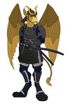 abs anthro armor asian_clothing beak brown_body claws clothed clothing east_asian_clothing feathered_wings feathers japanese_clothing katana male melee_weapon muscular muscular_anthro muscular_male samurai simple_background solo sword tail warrior weapon wings draco-rex_(artist) mythology carpo avian gryphon mythological_avian mythological_creature