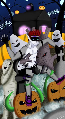 anthro bikini_thong cemetery clothing food fruit male male/male plant pumpkin swimwear ubiratan aquatic fish ghost monster mummy shark spirit undead hi_res