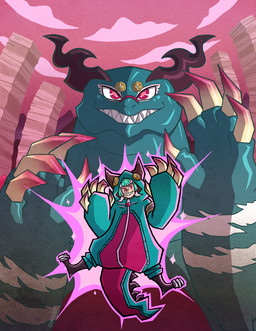 5_fingers abstract_background ambiguous_gender arms_bent back_spines biped button_(fastener) claws clothed clothing costume costume_transformation cross_pupils excited feral fingers green_hair hair horn in_costume jumping multicolored_clothing multiple_forms onesie pink_background pink_claws pink_clothing pink_onesie plushie purple_horn raised_hands red_eyes scar semi-anthro sharp_teeth simple_background size_transformation smile snout solo spread_legs spreading straight_hair tail tan_body tan_claws tapering_tail teal_body teal_clothing teal_onesie teeth thick_tail transformation two_tone_claws two_tone_clothing two_tone_onesie unusual_anatomy unusual_horn zipper charlie_(artist) gachiakuta mythology guita_hebby_fantasia animate_inanimate dragon human kaiju living_plushie mammal mythological_creature mythological_scalie scalie 2026 cel_shading digital_media_(artwork) digital_painting_(artwork) full-length_portrait painting_(artwork) portrait shaded signature female_(lore)