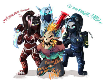 anthro armor blue_eyes bodily_fluids bone bone_mask bound breasts captured chain clothed clothing crying dagger female fur group hair holding_melee_weapon holding_object holding_sword holding_weapon horde humanoid_pointy_ears kick kneeling male male/female mask melee_weapon pointy_ears ponytail simple_background skull skull_mask smile smirk standing submissive submissive_male sword tears text weapon yellow_eyes conditional_dnp ligynkey blizzard_entertainment warcraft bear blood_elf elf humanoid mammal pandaren troll_(mythology) 2018 colored digital_media_(artwork) translation_check