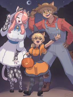 5_fingers accessory aged_up ahoge amber_eyes animal_print anthro armwear bell bell_collar boots bow_ribbon bucket candy_bucket clothing collar container costume cow_print cow_print_armwear cow_print_elbow_gloves crescent_moon cuffs_(clothing) cute_fangs denim denim_clothing dress elbow_gloves fake_cow_horns fake_horns fangs female fingerless_gloves fingers flannel_shirt flats_(shoes) footwear fur furgonomics gesture gloves group hair hair_over_eye halloween_costume hand_on_hat handwear hat headgear headwear holding_bucket holding_container holding_object holidays hood horn husband_and_wife inner_ear_fluff legwear long_hair male married_couple mary_janes moon night open_mouth open_smile outside overalls patch_(fabric) patched_clothing pattern_clothing pattern_legwear pattern_stockings pawpads pigtails pink_hair ponytail ribbons scarecrow shoes sky smile standing star starry_sky stockings straw_hat striped_clothing striped_legwear striped_stockings stripes tail tail_accessory tail_bow tail_ribbon tan_body tan_fur teeth trio tuft waving white_body white_fur witch_costume witch_hat young skecchiart cyberconnect2 fuga:_melodies_of_steel halloween little_tail_bronx hanna_fondant malt_marzipan mei_marzipan canid canine caninu canis domestic_cat domestic_dog felid feline felineko felis german_shepherd herding_dog mammal pastoral_dog turkish_angora 2025 3:4 absurd_res hi_res signature brother_(lore) brother_and_sister_(lore) sibling_(lore) sister_(lore)