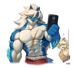 abs anthro biceps fur green_eyes group hair male muscular muscular_anthro muscular_male pecs phone_call red_eyes scar simple_background wolfmalro cheong_hwan sye_(wolfmalro) canid canine canis fox mammal wolf hi_res