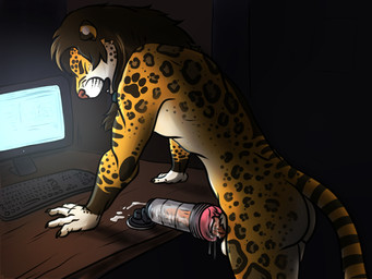 5_fingers anthro balls biped black_body black_fur bodily_fluids brown_hair butt computer computer_screen cum cum_in_sex_toy cum_inside cum_on_furniture cum_on_penis cum_on_table cumshot ejaculation electronics erection eyes_closed fingers fixed_toy fur genital_fluids genitals hair inside keyboard looking_pleasured male masturbation moan night nude open_mouth orange_body orange_fur orgasm orgasm_face penetrable_sex_toy penetration penis red_nose red_penis sex_toy simple_background solo standing white_body white_fur lutti felid mammal 2017 4:3 digital_media_(artwork) hi_res