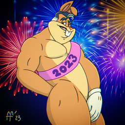 anthro biped brown_body brown_fur buckteeth clothing covering covering_crotch covering_self eyebrows featureless_chest fireworks fur gloves hair handwear holidays male mature_anthro mature_male narrowed_eyes pecs pose sash solo tan_body tan_fur teeth tongue white_clothing white_gloves white_handwear fabfelipe new_year new_year_2023 the_looney_tunes_show warner_brothers walter_bunny lagomorph leporid mammal rabbit 1:1 chromatic_aberration digital_drawing_(artwork) digital_media_(artwork) hi_res pinup