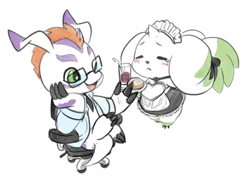 anthro blush clothed clothing coat crossdressing dress duo eyewear feral fur glasses green_eyes hair lab_coat maid_headdress maid_uniform male male/male necktie red_hair serving smug topwear uniform white_body white_fur lkiws bandai_namco digimon digimon_(species) gomamon terriermon hi_res