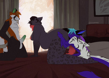 anal anal_vore anthro anthro_pred belly big_belly breasts butt female female_pred fur genitals hair male multiple_prey nipples nude open_mouth oral_vore penetration penis smile tail vore vivvanne avian animated