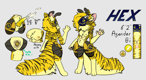 abdominal_scar animal_genitalia animal_penis antennae_(anatomy) anthro belly big_breasts big_tail bodily_fluids bow_ribbon breasts clitoris cum ejaculation erection female fluffy fluffy_tail food fur gaping gaping_vagina genital_fluids genitals hair honey_(food) knot knotted_penis lactating long_hair long_tail machine male markings neck_tuft nipples nude pawpads paws penis scar sheath solo spread_legs spreading striped_body striped_fur striped_markings stripes tail text tuft two_tone_vulva unusual_bodily_fluids unusual_cum unusual_genital_fluids vaginal_fluids vulva hexemerald hex_emerald arthropod bee hybrid hymenopteran insect protogen hi_res model_sheet agender_(lore) nonbinary_(lore)
