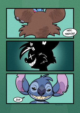 abstract_background character_transformation comic_panel dialogue ear_piercing ear_ring facing_away_from_viewer green_background jewelry looking_at_viewer mid_transformation piercing ring_piercing sharp_teeth simple_background solo speech_bubble talking_to_viewer teeth transformation trevor-fox disney lilo_and_stitch stitch_(lilo_and_stitch) trevor-fox_(character) alien experiment_(lilo_and_stitch) mammal mouse murid murine rodent comic hi_res