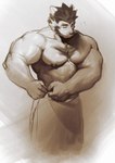 anthro big_muscles big_pecs eyebrows eyes_closed hair huge_muscles male muscular muscular_anthro muscular_arms muscular_male pecs snout solo thick_eyebrows tired towel towel_around_waist towel_only doooo2424 canid canine canis mammal wolf hi_res monochrome