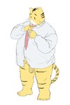 5_toes anthro balls belly bottomless bottomless_male clothed clothing feet flaccid genitals humanoid_genitalia humanoid_hands humanoid_penis kemono looking_at_self male necktie overweight overweight_male penis serious shirt simple_background solo stripes toes topwear white_background worried yellow_body konbu shima_shima_tora_no_shimajirou shimataro felid mammal pantherine tiger 2024 hi_res