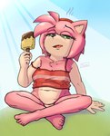 anthro belly bodily_fluids breasts chest_tuft clothing crossed_legs dessert dripping feet female food fur ice_cream light navel pink_body simple_background sitting sitting_on_ground slightly_chubby solo sunlight sweat sweatdrop tired tongue tongue_out translucent translucent_clothing tuft thanie sega sonic_the_hedgehog_(series) amy_rose eulipotyphlan hedgehog mammal hi_res