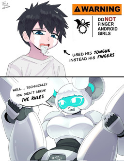 2_panel_comic anthro bandage bandage_on_tongue big_breasts black_hair blue_eyes bodily_fluids breasts clothed clothing dialogue duo female green_eyes hair machine male male/female open_mouth sad shirt spread_legs spreading tears text tongue tongue_out topwear usb_icon warning warning_sign white_body white_hair arzy_parzy r-mony_(arzy_parzy) human mammal mouse murid murine robot rodent 2026 comic english_text hi_res