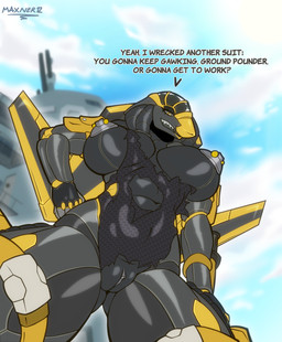 aircraft anthro big_breasts black_breasts breasts clothed clothing damaged_clothing female genitals looking_at_viewer low-angle_view machine nipples non-mammal_nipples nude nude_anthro nude_female outside partial_nudity partially_clothed solo standing talking_to_viewer text vehicle vulva worm's-eye_view maxner12 aeromorph living_aircraft living_machine living_vehicle absurd_res english_text hi_res