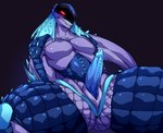 animal_genitalia anthro blue_body blue_scales bodily_fluids butt erection frill_(anatomy) genital_fluids genital_slit genitals grin male membrane_(anatomy) membranous_frill pecs penile_spines penis purple_body red_eyes scales simple_background smile solo spines spread_legs spreading teeth thick_thighs ukhansson bakugan bakugan_(series) preyas marine scalie