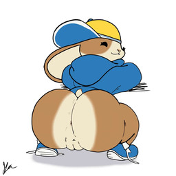 anthro anus ass_clapping backwards_baseball_cap backwards_hat baseball_cap big_butt big_ear black_eyes blue_clothing blue_footwear blue_hoodie blue_shoes blue_topwear bottomless brown_body brown_fur butt clothed clothing crouching eyelashes female floppy_ears footwear fur genitals hat headgear headwear hoodie huge_butt looking_at_viewer looking_back looking_back_at_viewer lop_ears mature_female rear_view shoes simple_background smile solo tail tan_body tan_fur topwear twerking vulva white_background giygal how_to_be_cool peeb_(piemations) lagomorph leporid mammal rabbit 1:1 animated hi_res loop no_sound short_playtime video
