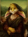 anthro brown_eyes chair clothed clothing detailed_background dress ears_down fluffy fur furniture headgear headwear inner_ear_fluff landscape looking_at_viewer male pivoted_ears sitting solo tuft yellow_body yellow_fur chibity mona_lisa_(artwork) lagomorph leporid mammal rabbit 2019 hi_res inspired_by_formal_art