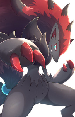 3_fingers ambiguous_anthro ambiguous_gender anthro biped black_body black_fur black_mane blue_eyes claw_fingers claws digitigrade featureless_crotch fingers fur light mane multicolored_body multicolored_fur multicolored_mane pupils red_body red_claws red_fur red_mane sharp_teeth simple_background slit_pupils small_waist smile smirk snout solo standing teeth two_tone_mane white_background rumine nintendo pokemon canid canine generation_5_pokemon mammal pokemon_(species) zoroark 2026 hi_res lighting shaded