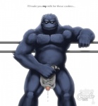 anthro bars blue_body blue_fur dialogue dripping erection fur genitals holding_object holding_towel looking_at_viewer male muscular muscular_anthro muscular_male penis rape_face simple_background solo talking_to_viewer text towel weapon white_background chowder_(artist) pbs sesame_street cookie_monster monster 2011 english_text hi_res