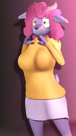 anthro bottomwear breasts clothed clothing eyewear female fur glasses hair horn pink_hair purple_body purple_fur skirt solo sweater topwear white_bottomwear white_clothing white_skirt yellow_clothing yellow_eyes yellow_sweater yellow_topwear conditional_dnp gusta rivals_of_aether absa bovid caprine goat mammal 9:16 hi_res