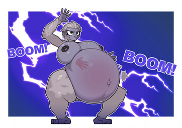 anthro areola belly big_belly big_breasts breasts crossgender crouching dark_areola dark_body dark_skin female fur grey_body grey_fur hyper hyper_pregnancy narrowed_eyes navel onomatopoeia outie_navel pregnant pupils simple_background slap slap_mark slapping_self solo sound_effects text white_sclera gunbangjindog king_kong ape gorilla haplorhine mammal primate hi_res