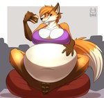 anthro bean_bag belly big_belly big_breasts bra breasts brown_body brown_fur burger clothing eating female food fur gloves_(marking) grey_background hair hand_on_belly markings obese orange_body orange_fur overweight short_hair simple_background solo stuffing tail tan_body tan_fur tongue tongue_out underwear tacticalfur scarlett_fox_(daedric36) canid canine fox mammal hi_res intersex_(lore)