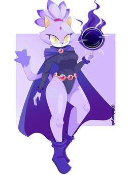 anthro boots breasts cloak clothing dipstick_tail eyelashes female footwear forehead_gem fur gem leotard markings purple_body purple_fur shoes solo tail tail_markings white_body white_fur yellow_eyes catsaryck dc_comics sega sonic_the_hedgehog_(series) blaze_the_cat raven_(dc) domestic_cat felid feline felis mammal 2026 hi_res