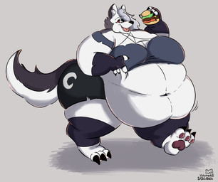 anthro big_butt burger butt eating female food fur morbidly_obese morbidly_obese_female obese obese_anthro obese_female overweight overweight_anthro overweight_female red_eyes solo walking white_body white_fur volume_(artist) hellaverse helluva_boss loona_(helluva_boss) canid canine canis mammal wolf hi_res