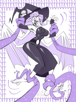 5_toes anthro barefoot biped clothing dress feet female hair hat headgear headwear humanoid_feet laugh long_hair magic_user membrane_(anatomy) membranous_wings open_mouth plantigrade restrained restrained_by_tentacles soles solo tentacle_tickling tentacles text tight_clothing toes wings witch witch_hat oddjuice bat mammal 2024 english_text