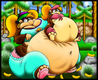 anthro banana belly big_belly big_breasts blonde_hair breasts duo female food forest fruit hair huge_belly obese outside overweight plant simple_background sitting tree virus-20 donkey_kong_(series) nintendo dixie_kong tiny_kong haplorhine mammal monkey primate 2010