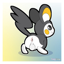 anthro anus backsack balls biped border butt genitals gradient_background looking_back male presenting presenting_hindquarters raised_tail rear_view simple_background smile solo tail text white_border fairyfudge nintendo pokemon emolga generation_5_pokemon pokemon_(species) 1:1 artist_name digital_media_(artwork) hi_res