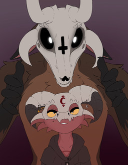 anthro black_sclera bone bone_mask brown_body brown_fur chest_tuft christian_cross christian_symbol clothed clothing cross crucifix duo female fur glowing glowing_eyes horn jewelry looking_at_viewer male mask multicolored_body red_body religion religious_symbol robe simple_background skull skull_head skull_mask smile smiling_at_viewer symbol teeth tuft two_tone_body yellow_sclera koboldklaws christianity narissa_(koboldklaws) demon kobold scalie absurd_res hi_res